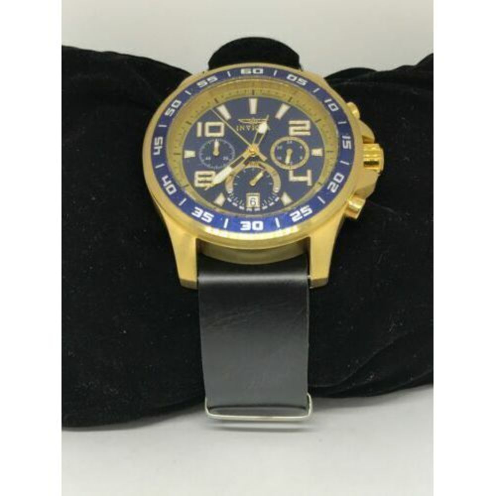 Invicta 14391 Men's Watch Gold Case Blue Dial Date Black Leather Band 45mm Y39